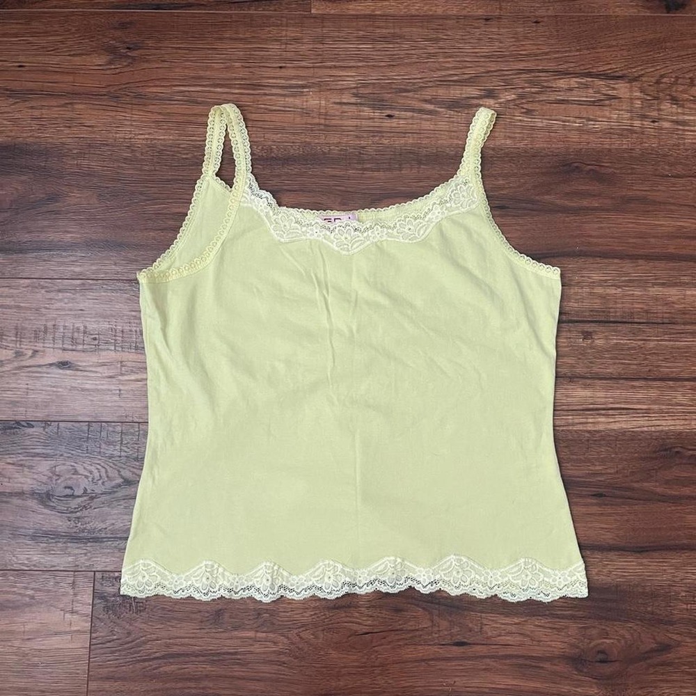 Butter Yellow Y2K Lace Trim Cami Tank Top Women L Stretch Coquette Balletcore